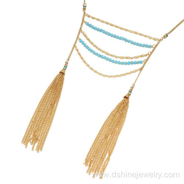Multilayer Crystal Beaded Necklace Chain Tassel Necklace